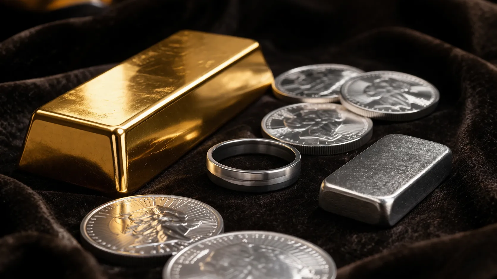 Edelmetalle – Goldbarren, Silbermünzen, Platinring und Palladiumbarren auf hellem Marmor